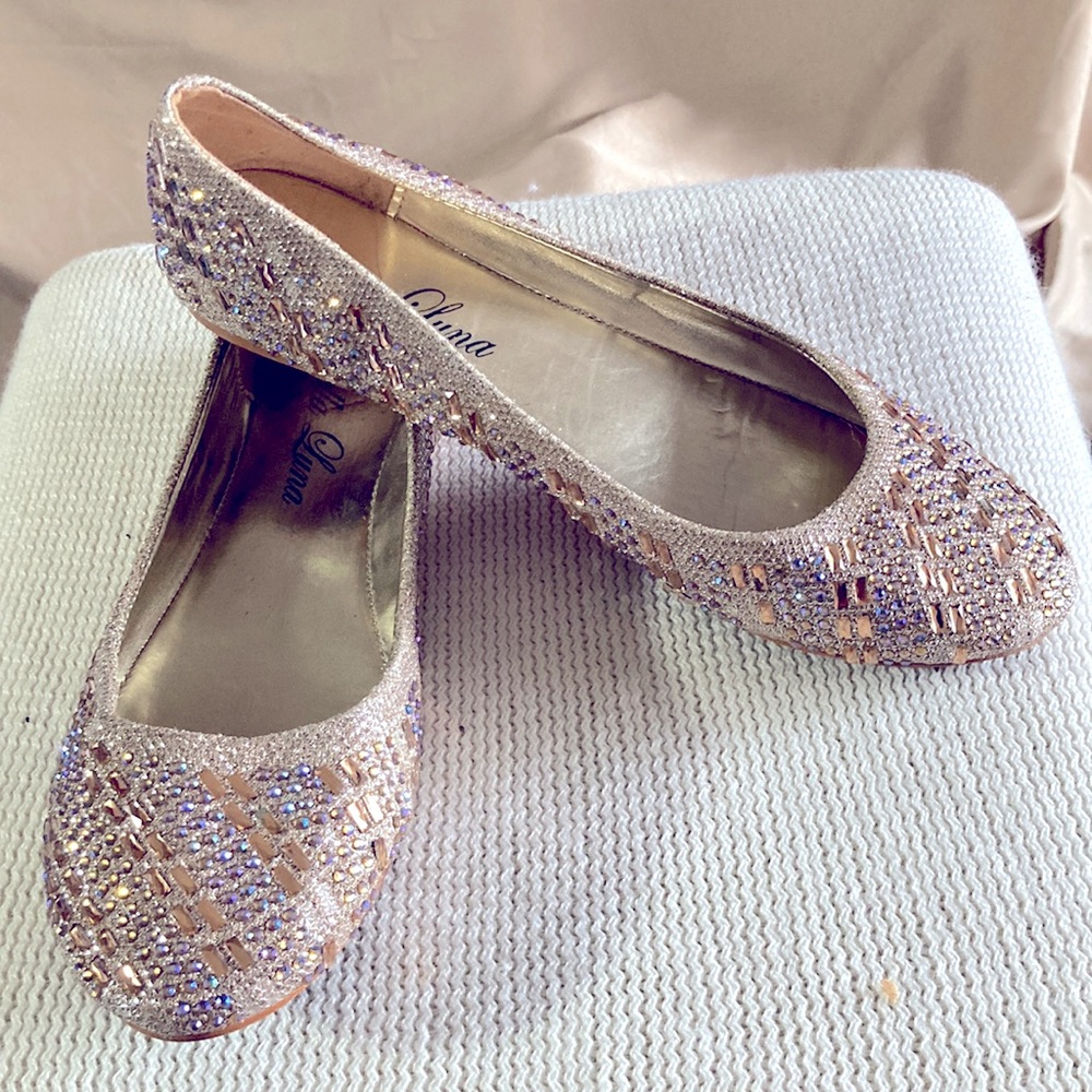 Tan and clear sequin flats, size 8.5